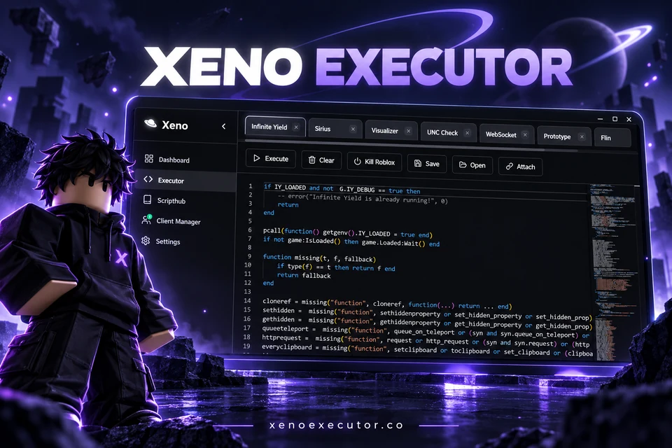 Roblox-style avatar beside a concept script menu, with XENO EXECUTOR and xenoexecutor.co text