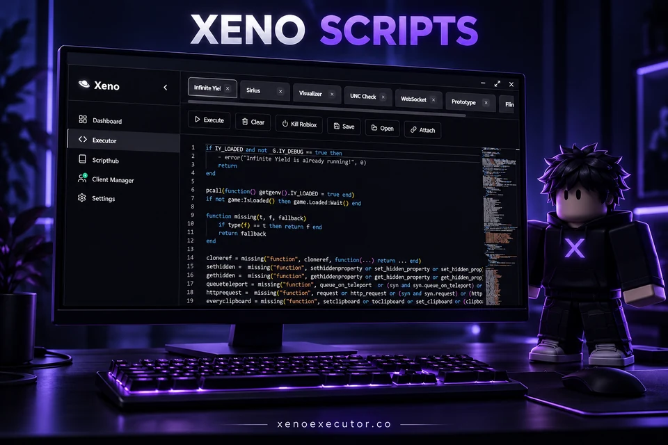 Xeno script editor on a gaming monitor beside a Roblox-style avatar
