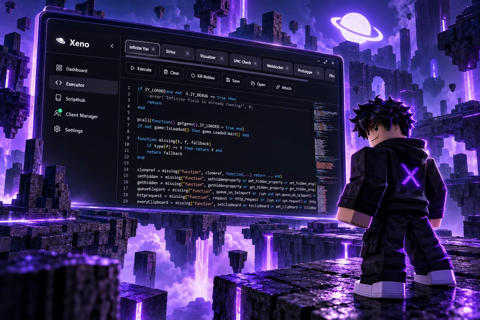 Xeno Executor menu with the Roblox Scripts editor and a Roblox-style avatar in a violet game world